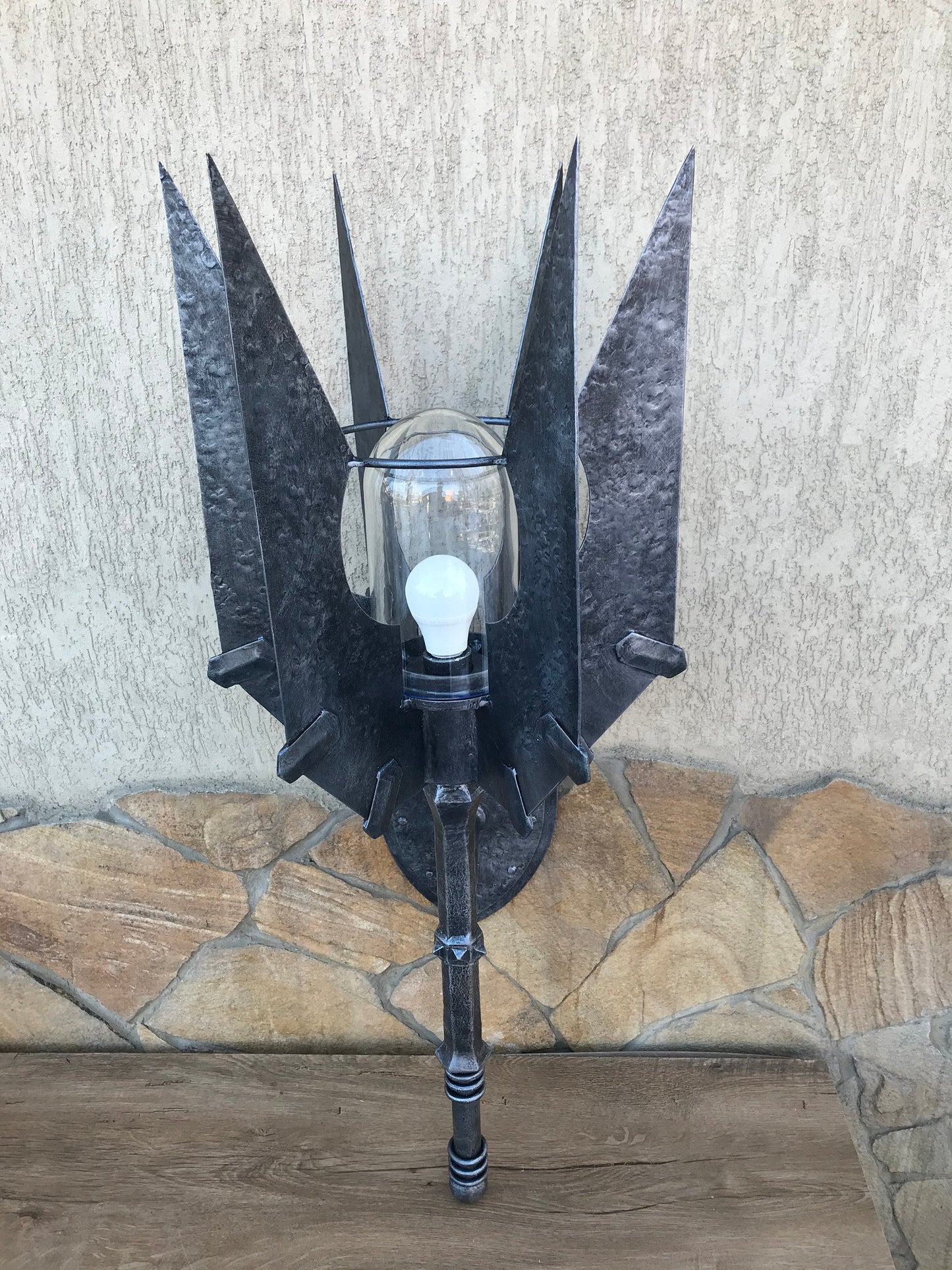 Wall sconce, Saurons mace, mace, sconce light, Sauron, hand forged mace, hand forged sconce, cosplay weapon, viking axe