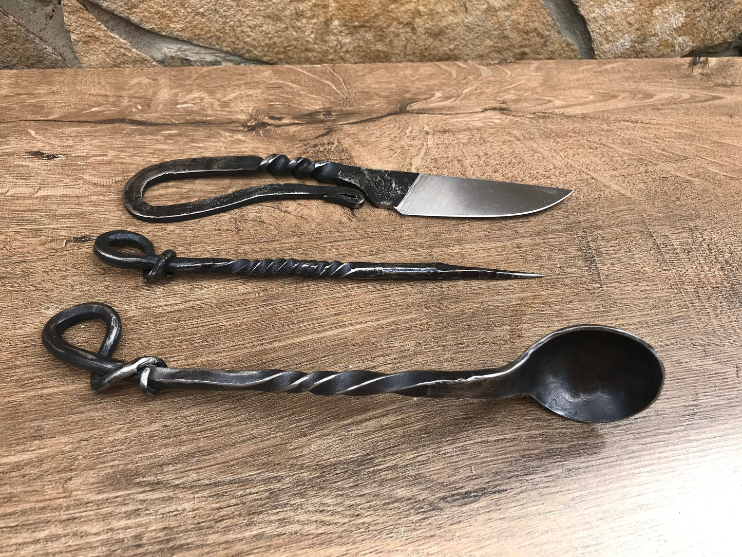 Viking steel cutlery set, rustic cutlery, reenactment, SCA, LARP, medieval kitchen,viking style cutlery,rustic kitchen,forged fork,traveling
