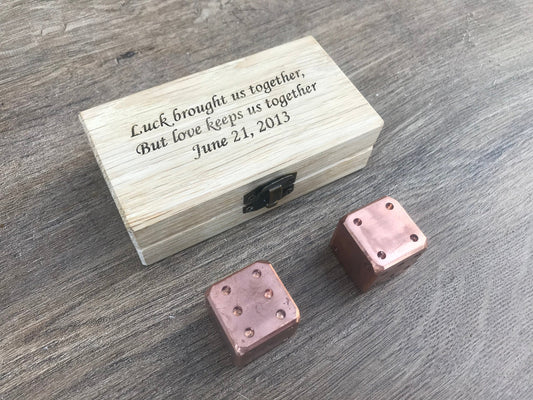 Copper anniversary, copper gift, copper dices, dice box, gift box, engraved gift, personalized gift, dice games, tabletop game, board game