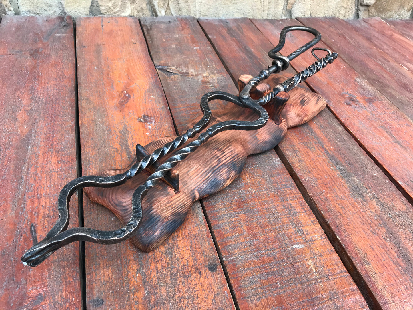 Custom listing for Anthony: tongs on a wooden holder with engravings