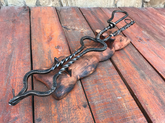 Custom listing for Anthony: tongs on a wooden holder with engravings