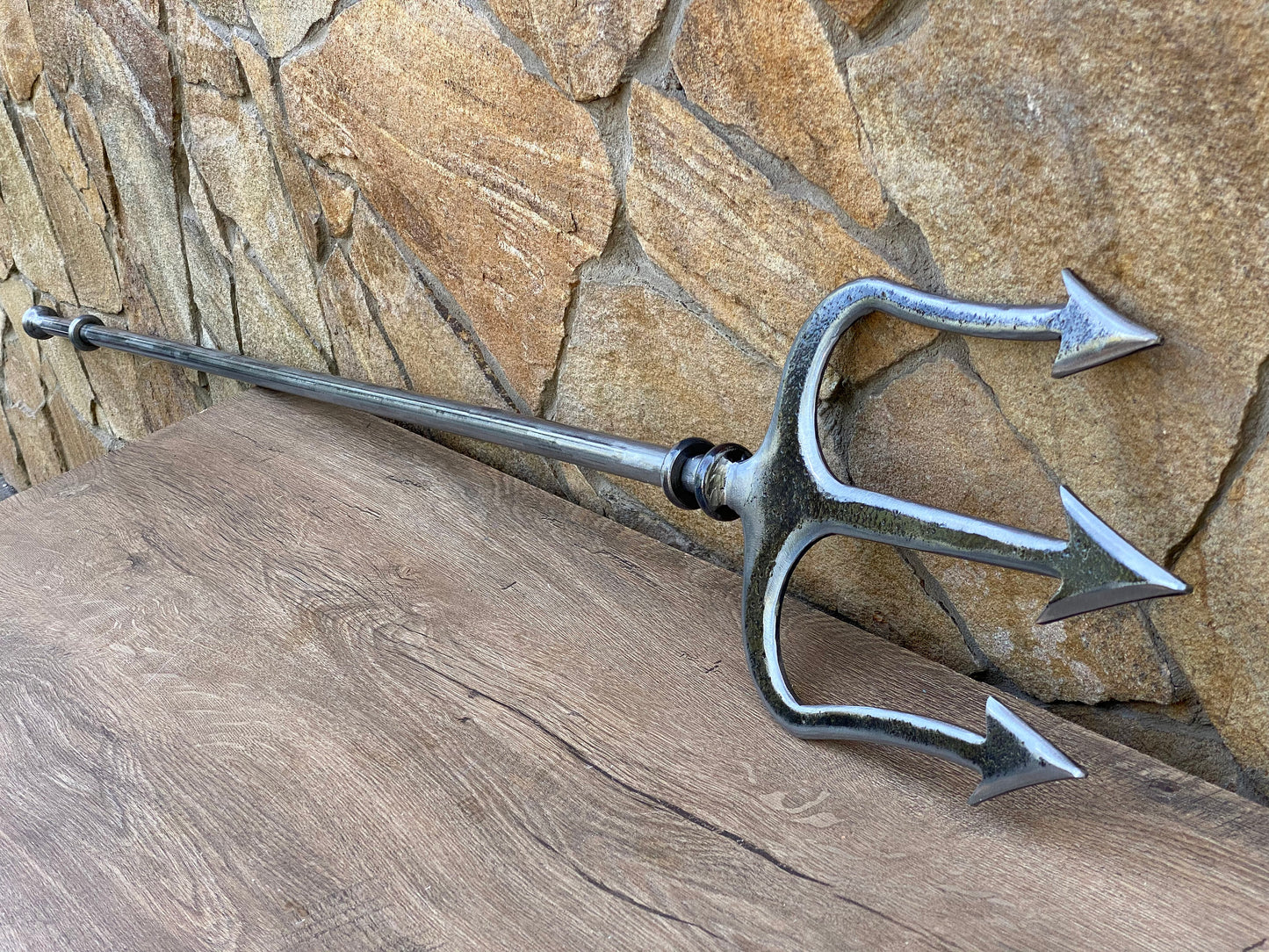 Custom listing: trident  ( Leather wrap on a handle, three tips of a trident head should be rounded up, longer handle grip (between 2 rings)