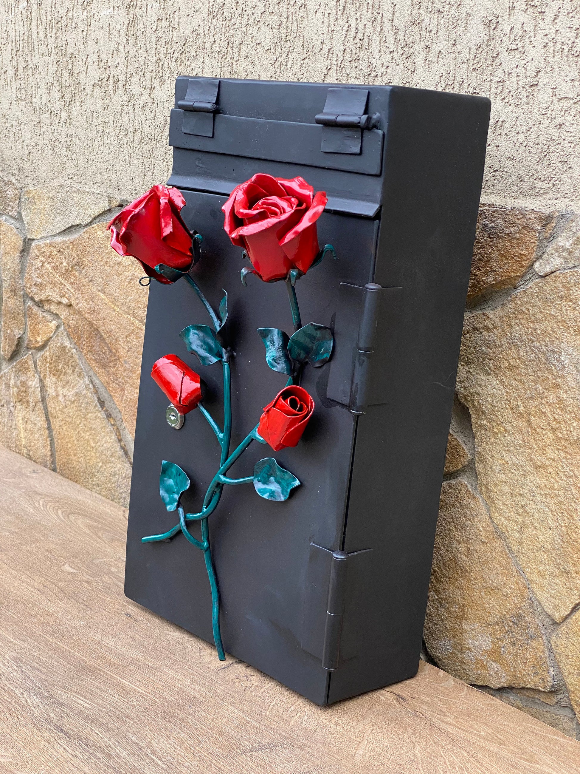 Locking mailbox, wall mailbox, mailbox, mail box, mailbox with lock, outdoors decor, garden decor, entwined roses,iron rose,hand forged rose