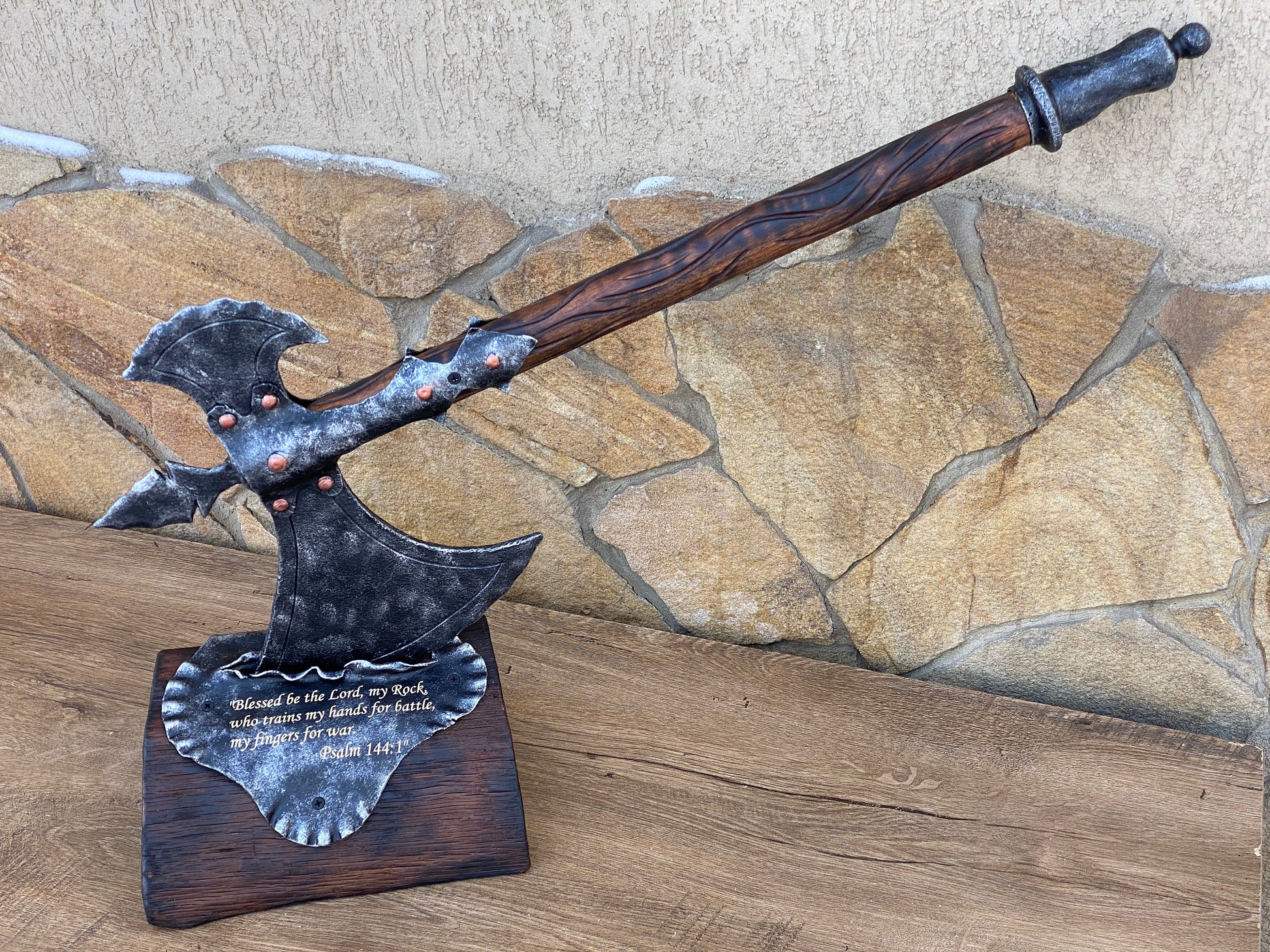 Axe holder, axe stand, viking axe, medieval decor, personalized gift, engraved gift, iron gift, wooden gift,  gift for him, gift for men