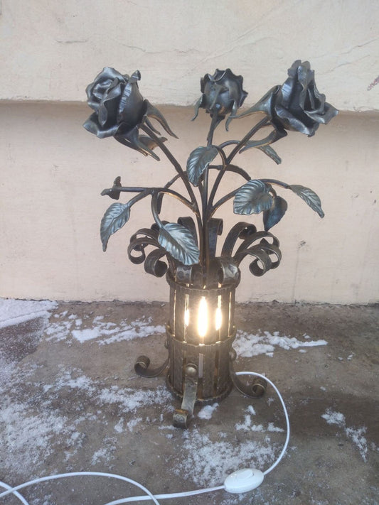 Table lamp, iron rose, iron gift, iron anniversary, bedside lamp, handmade lighting, custom lamp, night lamp, hand forged rose, floral decor