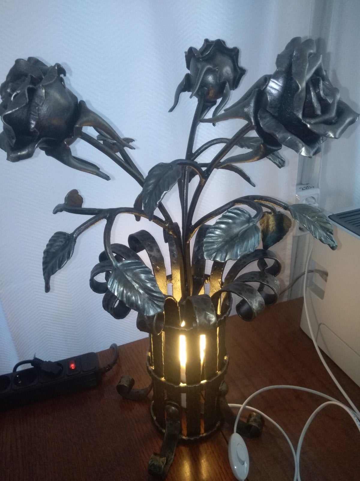 Table lamp, iron rose, iron gift, iron anniversary, bedside lamp, handmade lighting, custom lamp, night lamp, hand forged rose, floral decor