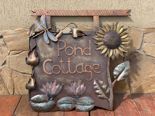 Cottage plaque, waterlily, botanic, plaque, address sign, personalized plaque, family sign, botanical,lake decor,river decor,farmhouse,lotus