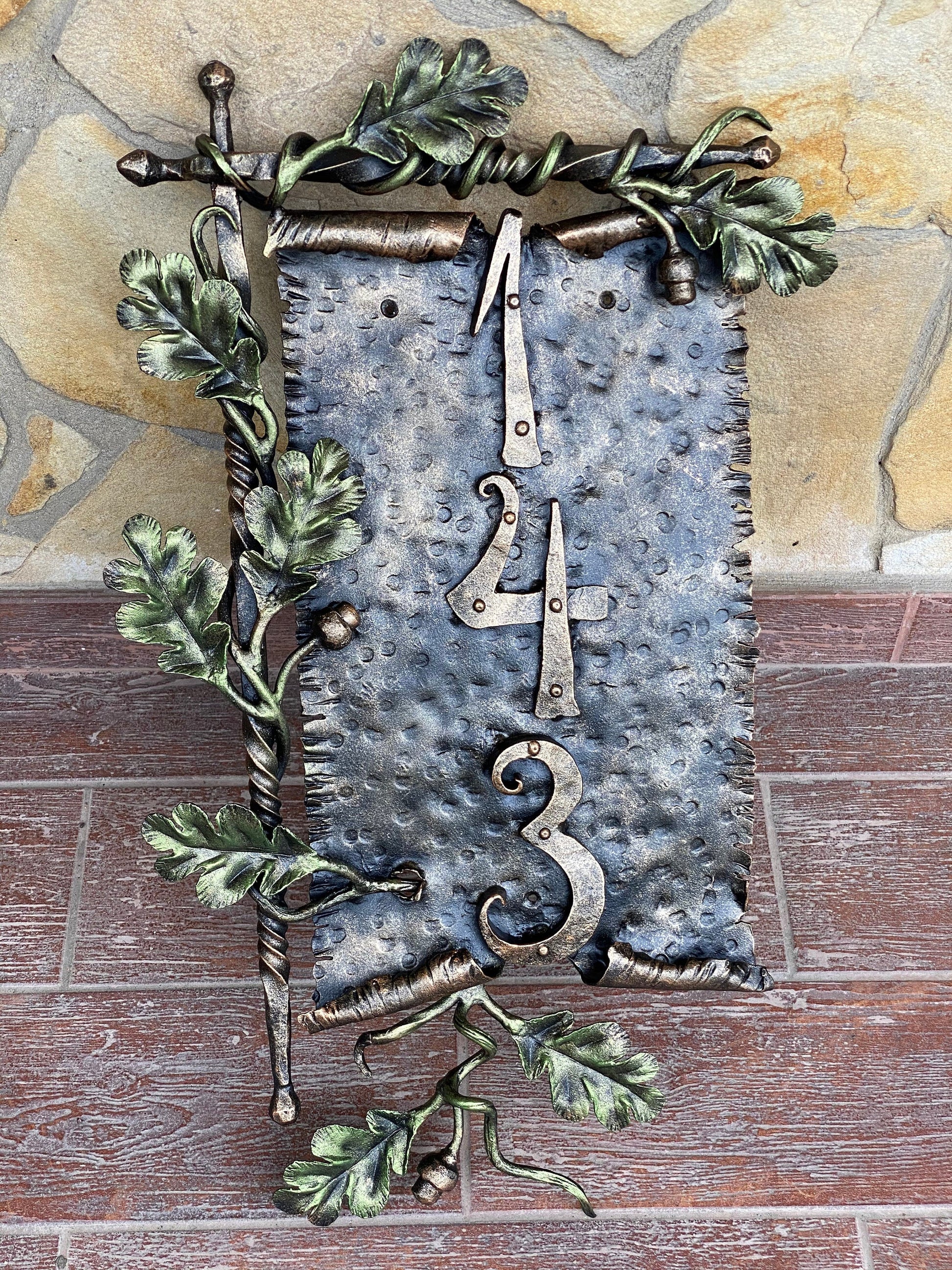 House number plaque, iron gift, house number sign, street number, Christmas, anniversary, birthday, garden, yard, oak, acorn,antique,vintage