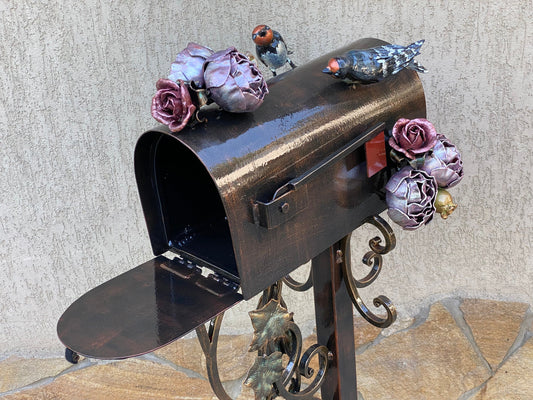 Mailbox, floral gift, birds, wild nature, gift for mom, grandma, steel gift, military gift, pension, BBQ,wife,new house,outdoors,blacksmith