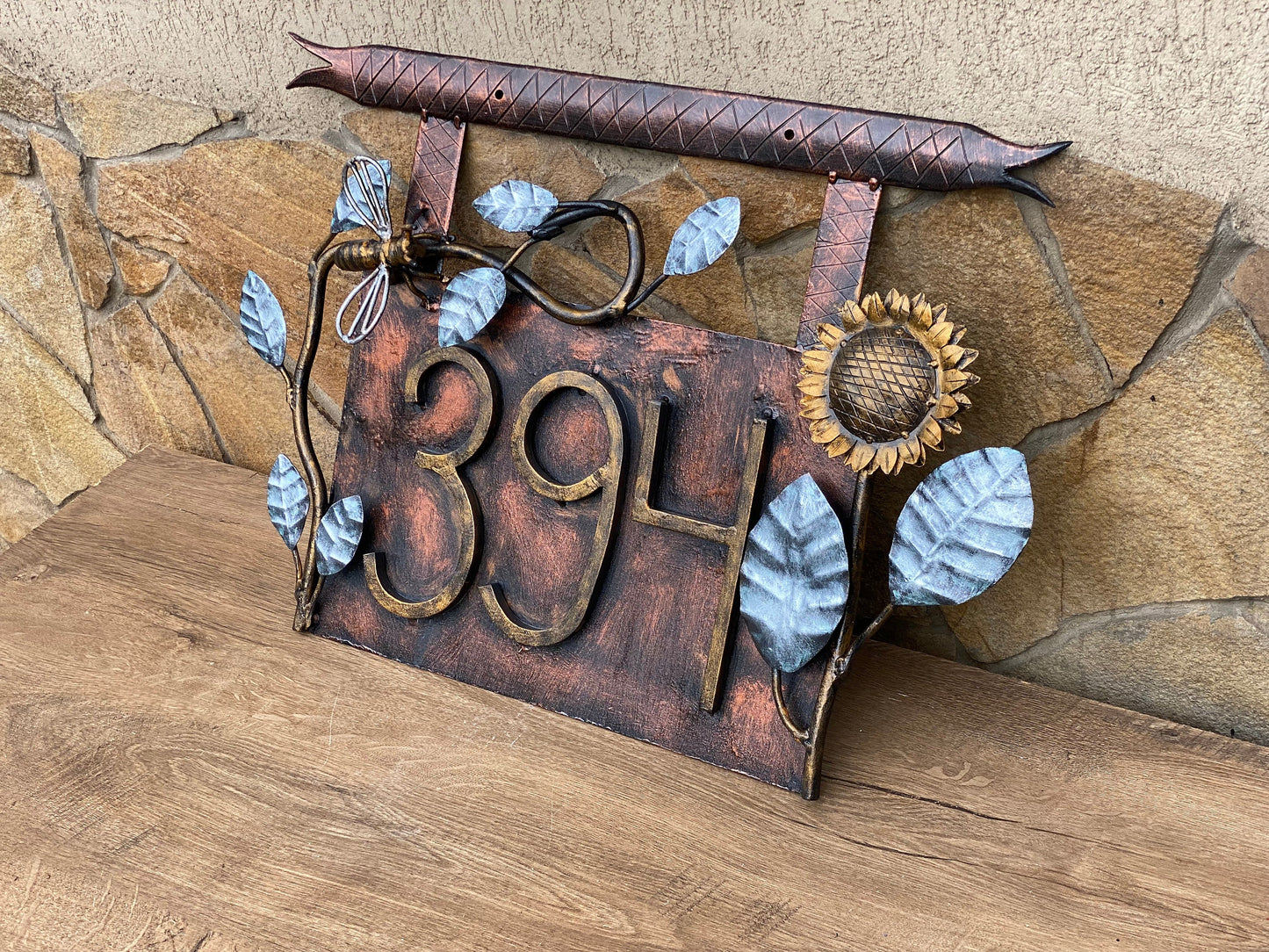 House number plaque, address, bee, sunflower, house number, Christmas, address plate, birthday, address wall sign, anniversary, iron gift