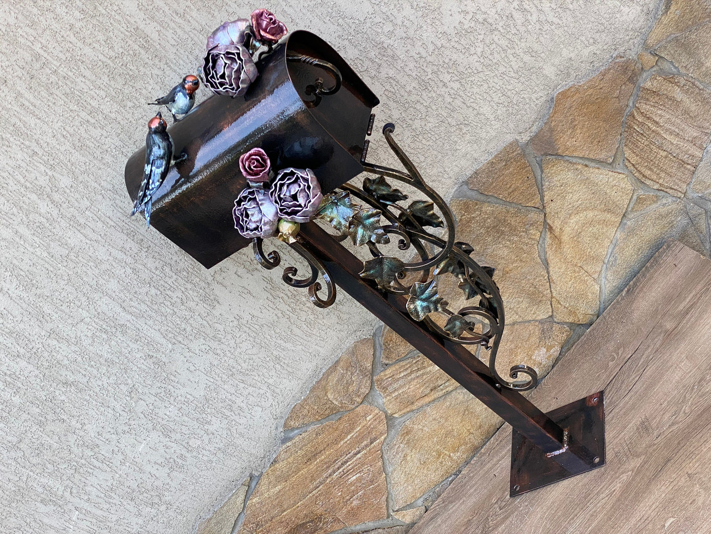 Mailbox, floral gift, birds, wild nature, gift for mom, grandma, steel gift, military gift, pension, BBQ,wife,new house,outdoors,blacksmith