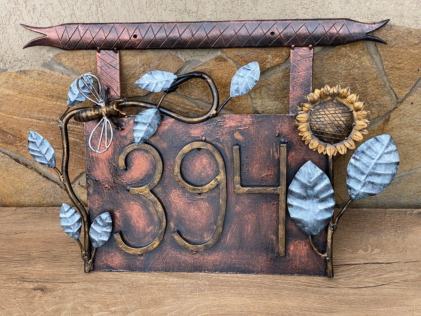 House number plaque, address, bee, sunflower, house number, Christmas, address plate, birthday, address wall sign, anniversary, iron gift