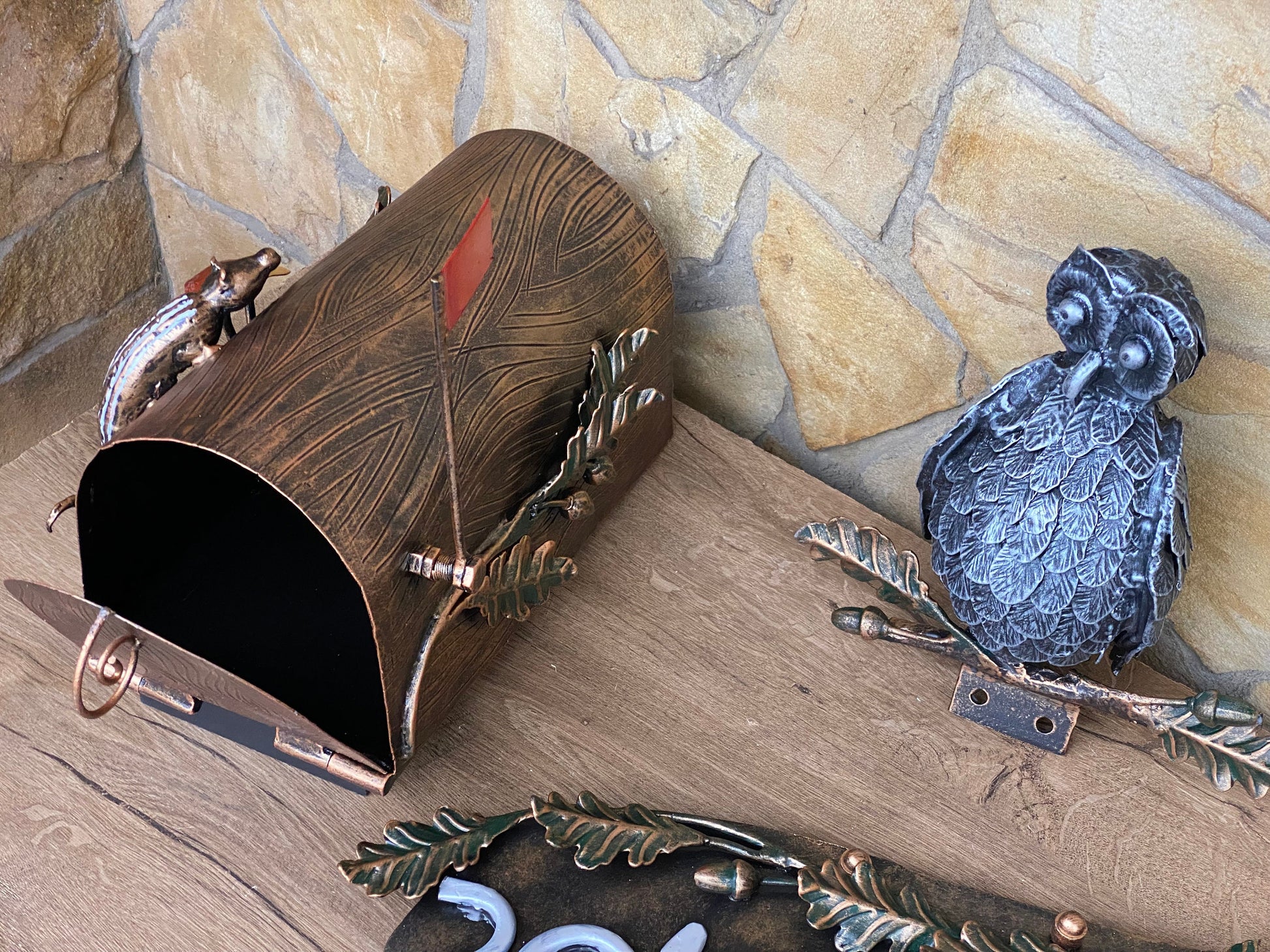 Mailbox, owl, house number plaque, wild nature, mail box, new home gift, wedding, Christmas, forest decor, iron gift, iron anniversary, oak