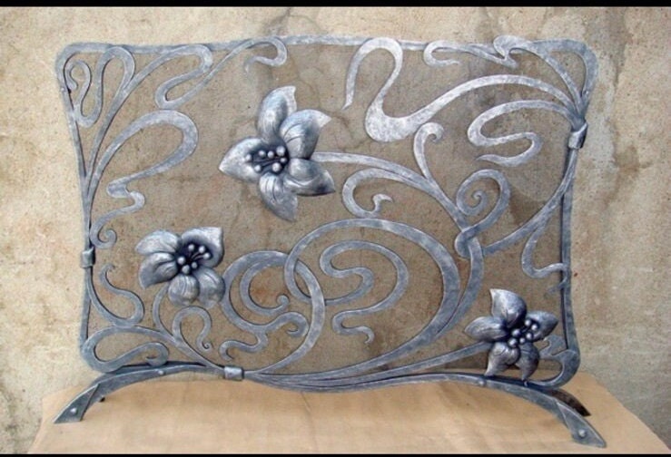 Fireplace screen, floral, steel gift, music, firewood holder, iron anniversary, 6th anniversary, fireplace, fire poker, Christmas, birthday