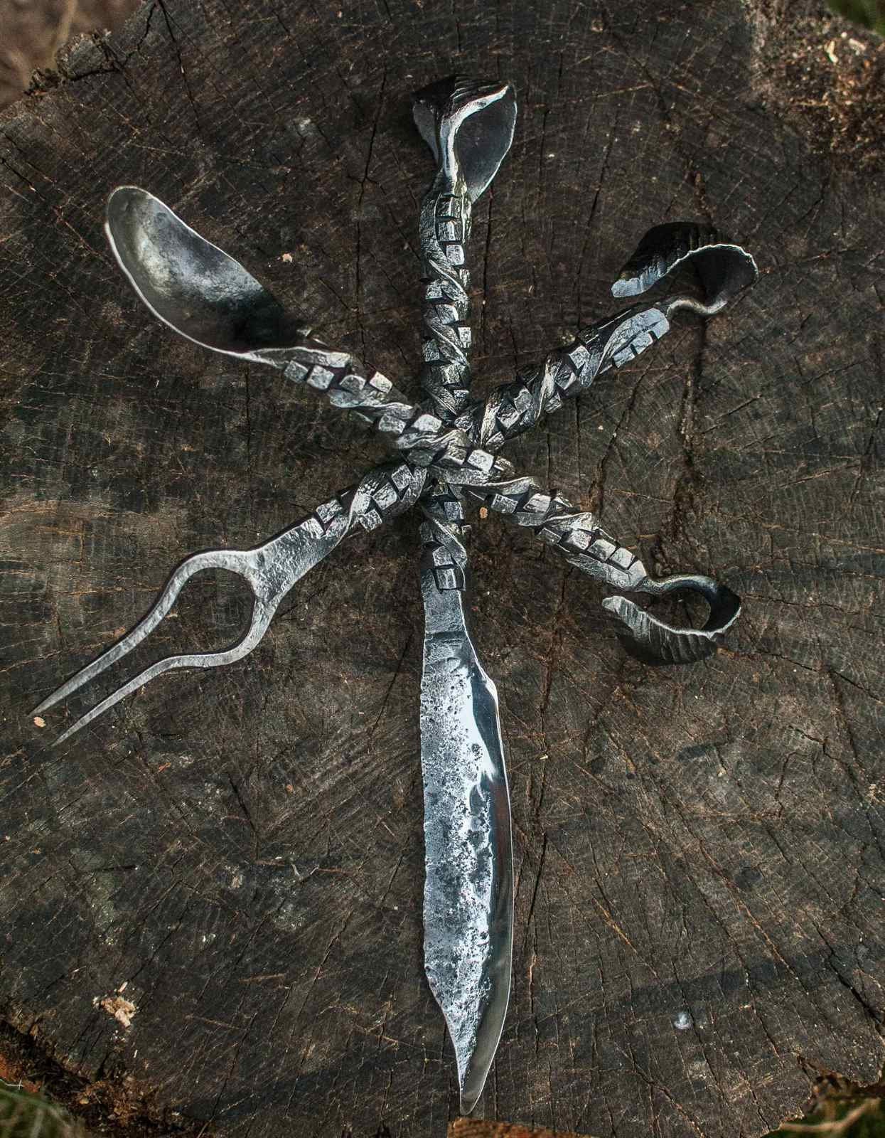 Spoon, fork, knife, cutlery, medieval, viking food, grill tools, fireplace, BBQ, skewers, birthday, anniversary, Christmas, camping, picnic