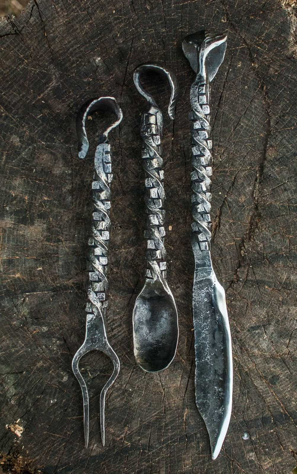 Spoon, fork, knife, cutlery, medieval, viking food, grill tools, fireplace, BBQ, skewers, birthday, anniversary, Christmas, camping, picnic