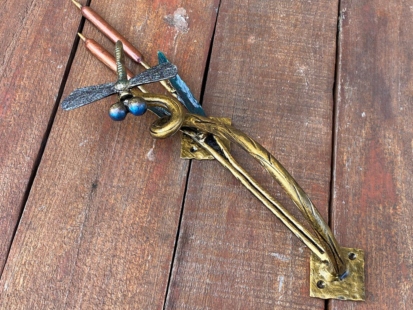 Door handle, dragonfly, reeds, cattail, renovation, bamboo, river, lake, Christmas, wild nature,Thanksgiving,anniversary,birthday,blacksmith