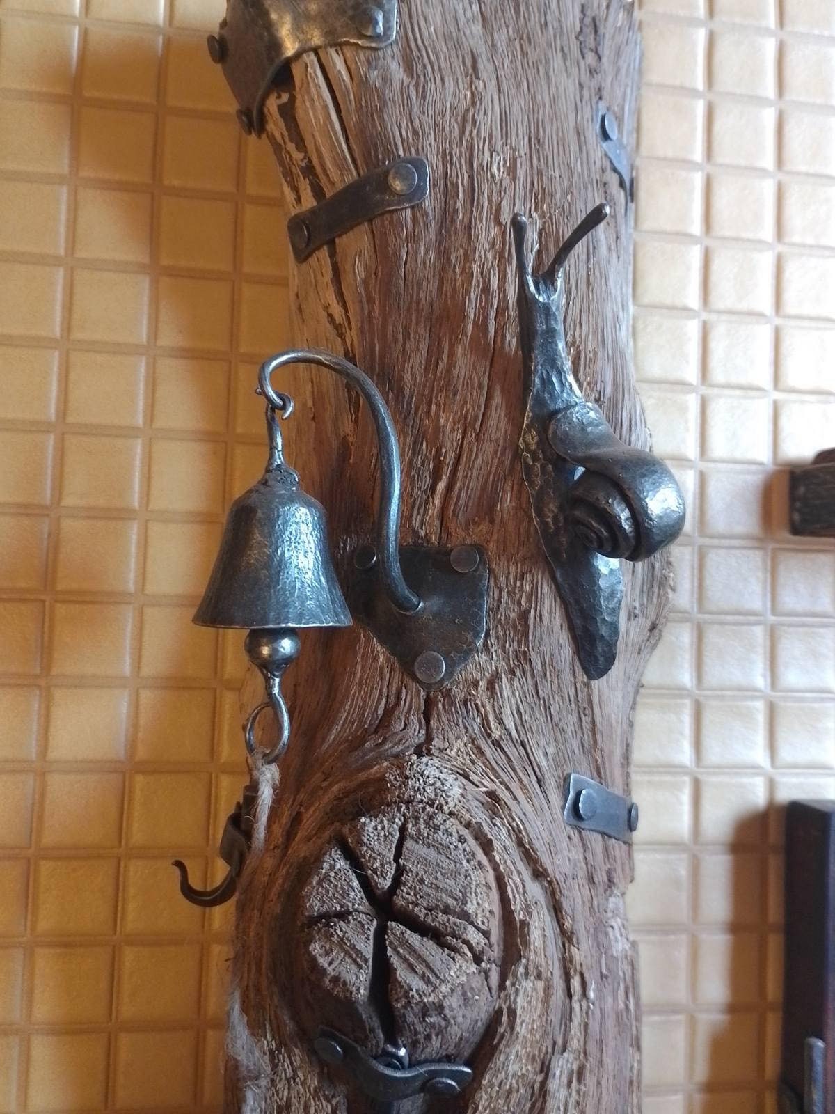 Hooks, bell, snail, medieval, forest, trunk, nature, birthday, anniversary, Christmas, 5th anniversary, wooden gift, forgedcommodities