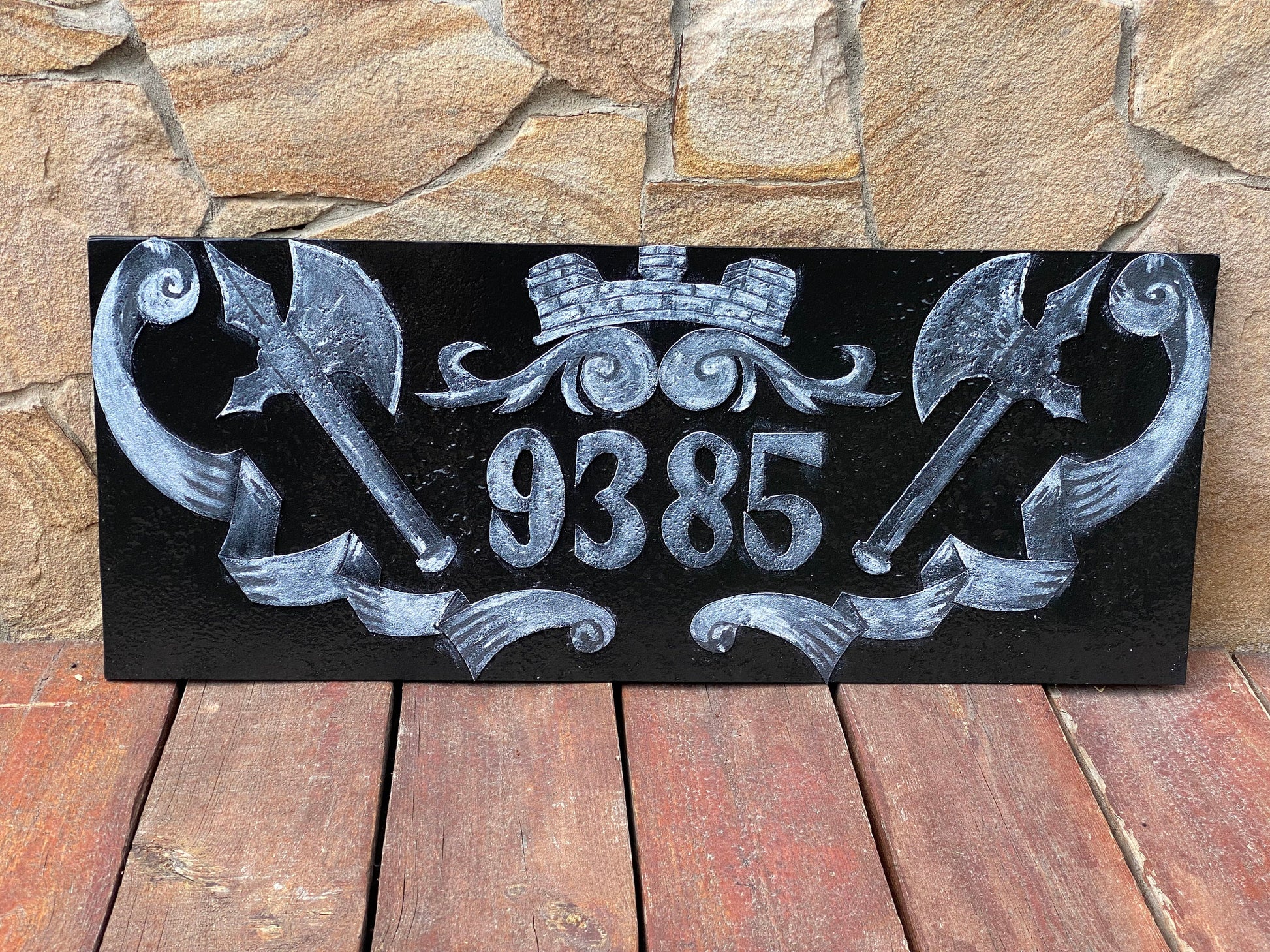 House number plaque, medieval, castle, renovation, house number sign, street number, Christmas, anniversary, birthday, garden, axe, viking