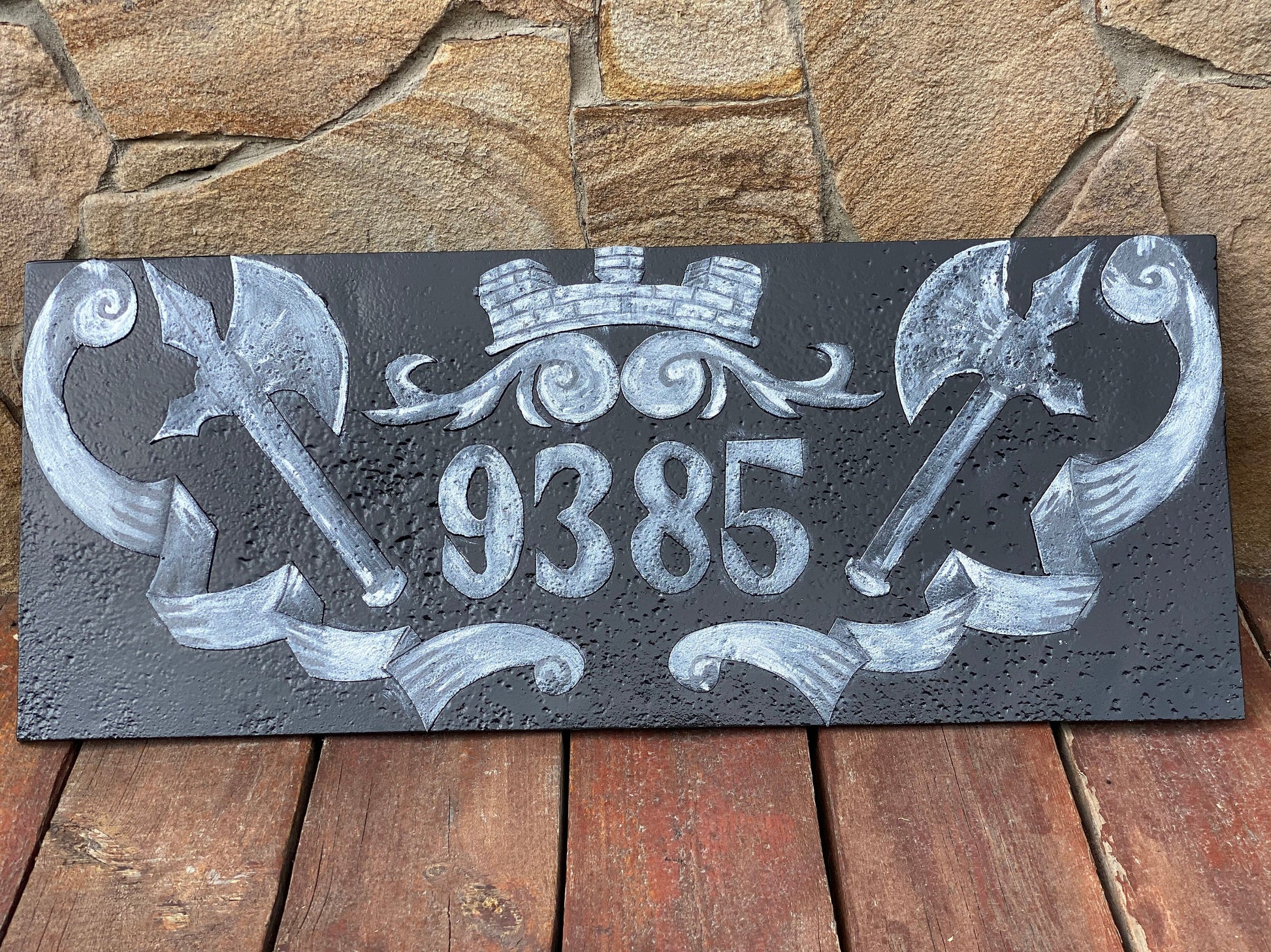 House number plaque, medieval, castle, renovation, house number sign, street number, Christmas, anniversary, birthday, garden, axe, viking